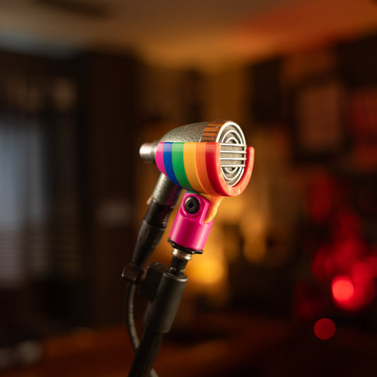 A rainbow coloured mic stand clip for your HB-52 harmonica microphone!