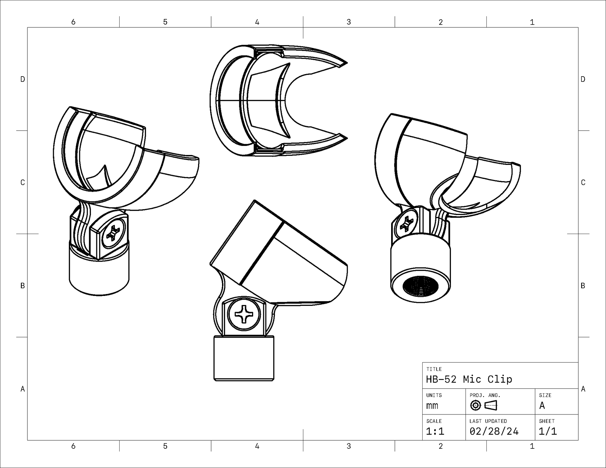 A drafted drawing of the HB-52 microphone clip.